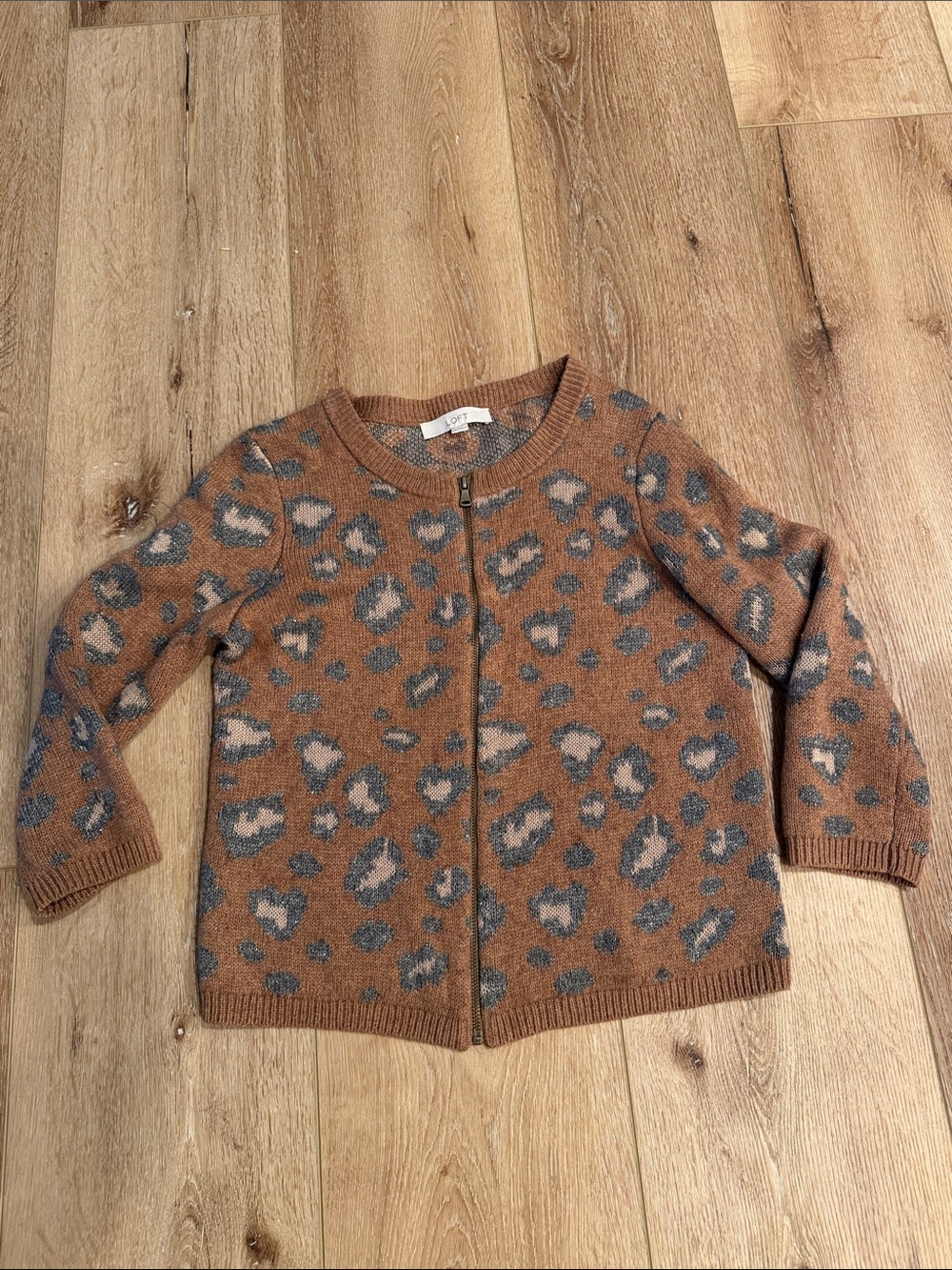 LOFT | Brown Leopard Zip-Front Crewneck Cardigan | Gray Metallic Spots | size S